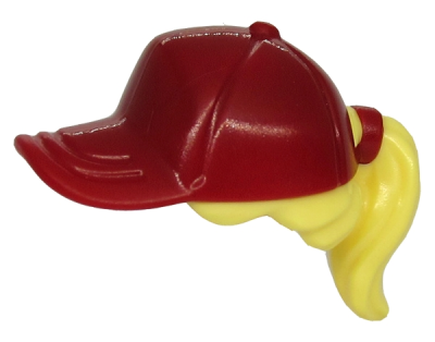 Minifigure, Hair Combo, Hair with Hat, Ponytail with Molded Dark Red Ball Cap Pattern, 35660pb05 Bright Light Yellow U