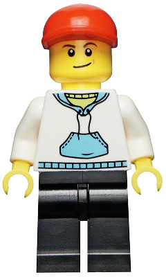 Минифигурка Lego White Hoodie with Medium Blue Pocket, Black Legs, Red Short Bill Cap, Crooked Smile twn225