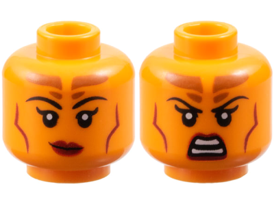 Minifigure, Head Dual Sided Female Black Eyebrows, Dark Orange Forehead Markings, Dark Red Lips and Contour Lines, Lopsided Grin / Scowl Pattern, 3626pb3679 Orange N