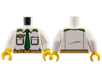 Torso Airplane Pilot, Shirt with Dark Green Tie, Belt, Epaulettes and Gold Logo Pin Pattern / White Arms / Yellow Hands, 973pb1433c01 White U