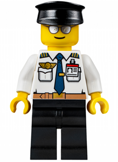 Минифигурка Lego Airport - Pilot, White Shirt with Dark Blue Tie, Belt and ID Badge, Black Legs, Black Hat air049