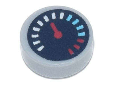 Tile, Round 1 x 1 with Black Gauge with Red Pointer and White, Medium Azure, and Red Tick Marks Pattern, 98138pb175 Light Bluish Gray N