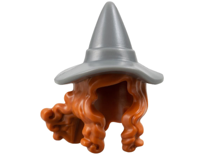 Minifigure, Hair Combo, Hair with Hat, Long Hair with 2 Braids over Shoulders with Molded Dark Bluish Gray Witch Hat Pattern, 104255pb02 Dark Orange N