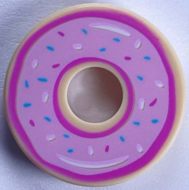 Tile, Round 2 x 2 with Hole with Donut / Doughnut with Bright Pink Donut Frosting and Sprinkles Pattern, 15535pb07 Tan N