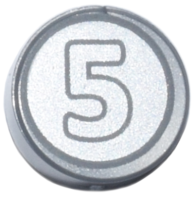 Tile, Round 1 x 1 with Dark Bluish Gray Outlined Number 5 on Silver Background Coin Pattern, 98138pb174 Flat Silver U