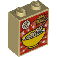 Brick 1 x 2 x 2 with Inside Stud Holder with Bowl, Wheat, Spoon, and Exclamation Marks Cereal Box Pattern, 3245cpb035 Tan U