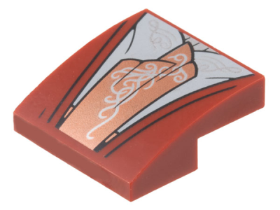 Slope, Curved 2 x 2 x 2/3 with Robe, Light Bluish Gray Center Panel and Copper Sash with Silver Filigree Pattern (Elrond Robe), 15068pb469 Dark Red N
