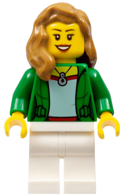 Минифигурка Lego  Airplane Passenger - Female, Green Jacket Open with Necklace, White Legs, Medium Nougat Hair over Shoulder cty0706