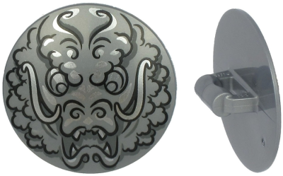 Minifigure, Shield Circular / Round Convex Face with Black and Silver Ninjago Dragon Head Pattern, 75902pb16 Flat Silver U