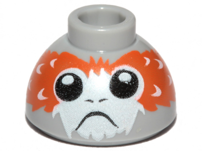 Brick, Round 1 1/2 x 1 1/2 x 2/3 Dome Top with Porg Head, High Raised Feathers between Eyes Pattern, 20952pb02b Light Bluish Gray N