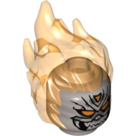 Minifigure, Head, Modified with Molded Trans-Orange Flaming Hair and Printed Orange Eyes, Sharp Teeth Pattern (Ghost Rider, Roberto "Robbie" Reyes), 26990pb05 Flat Silver U