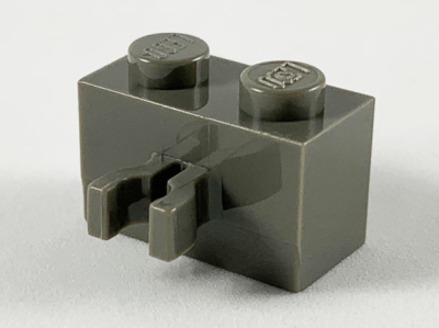 Brick, Modified 1 x 2 with Clip (Vertical Grip) (Undetermined Type), 30237 Dark Gray U