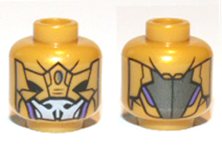 Minifigure, Head Alien Chitauri with Armor Panels, Black Eye Holes, Light Bluish Gray and Dark Purple Mouth Cover Pattern, 3626pb0761 Pearl Gold U