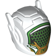 Minifigure, Headgear Helmet with Ear Antennas with Black and Bright Green Visor with Gold Lower Jaw Pattern, 46534pb05 White U