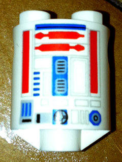 Brick, Round 2 x 2 x 2 Robot Body with Bottom Axle Holder (x Shape / + Orientation) with Red Lines and Blue Pattern (SW R5-D8 / R5-D4), 30361cpb017