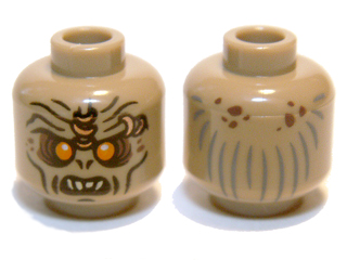 Minifigure, Head Alien Orc with Orange Eyes, Reddish Brown Eye Shadow and Spots, Nostrils, Black Cheek Lines and Chin Dimple, Furrowed Brow with Copper Rings, Open Mouth with Top Teeth, Dark Bluish Gray Hair Lines on Back Pattern, 3626pb0720 Dark Tan U
