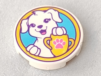 Lego Tile, Round 2 x 2 with Bottom Stud Holder with Puppy Dog, Yellow Trophy with Dark Pink Paw Print on Medium Azure Background Pattern 14769pb179