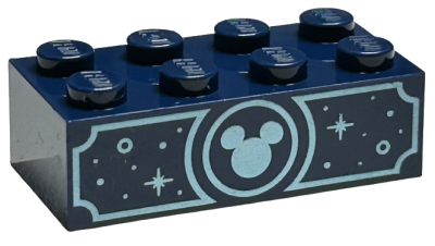 Brick 2 x 4 with Metallic Light Blue Mickey Mouse Head, Circles and Sparkles Pattern on Both Sides, 3001pb198 Dark Blue N