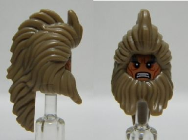 Minifigure, Head, Modified Beorn with Beard and Long Hair, Nougat Face with White Pupils and Bared Teeth Pattern, 15485pb01 Dark Tan U