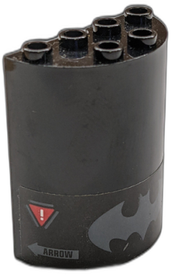 Cylinder Half 2 x 4 x 4 with Dark Bluish Gray Batman Logo, Red Warning Triangles and 'ARROW' Pattern (Sticker) - Set 70923, 6259pb050 Black U