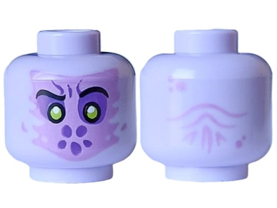 Minifigure, Head Alien Medium Lavender Face, Black Eyebrows, Lime Pupils with White Glints and Dark Purple Eyes, Spots and Dimple, Wrinkles on Back Pattern, 3626pb3574 Lavender U