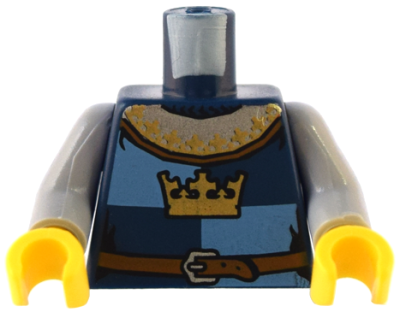 Torso Castle Fantasy Era Gold Crown and Reddish Brown Belt with Silver Buckle on Medium Blue and Dark Blue Quarters Pattern / Light Bluish Gray Arms / Yellow Hands, 973pb0451c01 Dark Blue U
