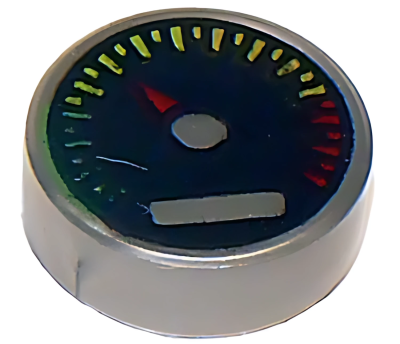 Деталь LEGO Tile, Round 1 x 1 with Black Gauge with Red Pointer and Green, Yellow, and Red Tick Marks Pattern 98138pb010 Flat Silver U