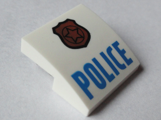 Деталь Lego Slope, Curved 2 x 2 x 2/3 with Copper Badge with Star and Black Outline, Blue 'POLICE' Pattern