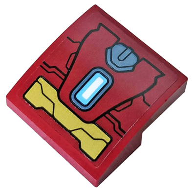 Slope, Curved 2 x 2 x 2/3 with Dark Red and Gold Armor Plates and Rectangular Arc Reactor Pattern (Sticker) - Set 76104, 15068pb268 Dark Red U