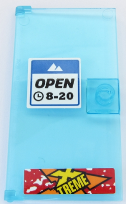 Door 1 x 4 x 6 with Stud Handle with 'OPEN 8-20' Sign and Yellow 'X TREME' Pattern (Stickers) - Set 60203, 60616pb039 Trans-Light Blue N