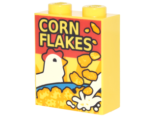 Brick 1 x 2 x 2 with Inside Stud Holder with Cereal Box with Chicken and 'CORN FLAKES' Pattern, 3245cpb060 Yellow U