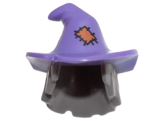 Minifigure, Hair Combo, Hair with Hat, Mid-Length Scraggly with Molded Dark Purple Floppy Witch Hat and Printed Orange Patch Pattern, 20606pb01 Dark Bluish Gray U