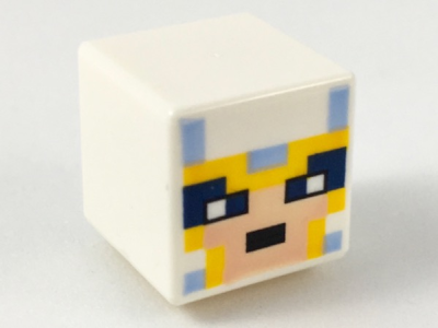 Minifigure, Head, Modified Cube with Pixelated Light Nougat Face, Black Eyes, and Bright Light Blue and Bright Light Orange Helmet Pattern (Minecraft Skull Arena Player), 19729pb026 White U