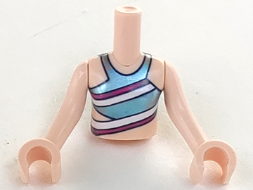 Torso Mini Doll Girl Metallic Light Blue Swimsuit Top with Magenta and White Diagonal Stripes Pattern, Light Nougat Arms with Hands, FTGpb236c01 Light nougat N