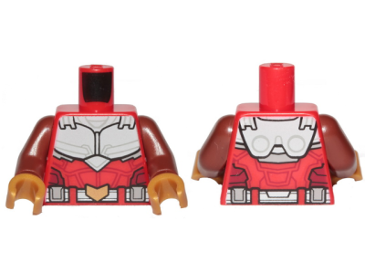 Torso Armor White with Black Muscles Outline and White Belt with Gold Buckle Pattern / Reddish Brown Arms / Pearl Gold Hands, 973pb3916c01 Red U