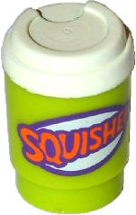 Minifigure, Utensil Cup, Take Out Cup without Top Hole with White Lid and Dark Purple and Orange 'SQUISHEE' Pattern, 15496pb02 Lime U