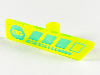 Minifigure, Utensil Gameplayer Label with Pixelated Medium Azure Ninja Head and Broken Stripe / Health Bar Pattern, 65191pb01 Trans-Neon Green U