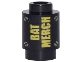 Brick, Round 1 x 1 with Yellow 'BAT MERCH' and Silver Screws Pattern, 3062pb051