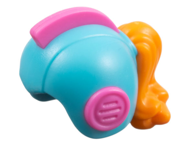 Minifigure, Hair Combo, Hat with Hair, Helmet Space Retro with Open Front with Molded Dark Pink Earpieces and Crest and Orange Ponytail Pattern, 106611pb01 Medium Azure N