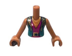 Torso Mini Doll Girl Dark Turquoise Vest over Magenta V-Neck, Black Belt, Gold Buckle and Necklace Pattern, Medium Nougat Arms with Hands, FTGpb273c01 Medium Nougat U