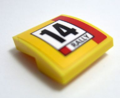 Slope, Curved 2 x 2 x 2/3 with Number 14, Red Stripe and Black 'RALLY' Pattern (Sticker) 15068pb062 Used