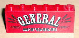 Stickered Assembly 6 x 1 x 2 with 'GENERAL STORE' Pattern (Sticker) - Set 6765 - 2 Brick 1 x 6, BA003pb03 Red U