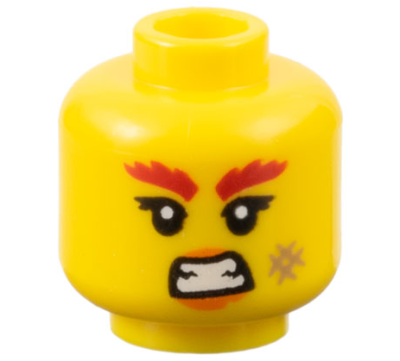 Minifigure, Head Female Red Bushy Eyebrows, Orange Lips, Dark Tan Scuff Mark, and Bared Teeth Pattern, 3626pb3380 Yellow U