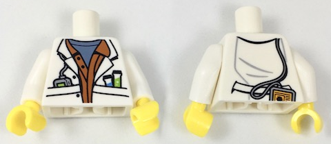 Торсик Lego Torso Lab Coat with Sand Blue Undershirt and Test Tubes and Instrument in Pockets Pattern / White Arms / Yellow Hands 973pb2745c01
