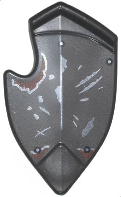Minifigure, Shield Broad Pointed Bottom and Cutout Corner with Dark Silver Scratches and Rivets and Reddish Brown Rust Pattern, 5480pb01 Pearl Dark Gray N