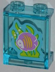 Panel 1 x 2 x 2 with Side Supports - Hollow Studs with Medium Lavender Fish with Yellow Stripes, Lime Seaweed Pattern (Sticker) - Set 3188, 87552pb013 Trans-Light Blue U
