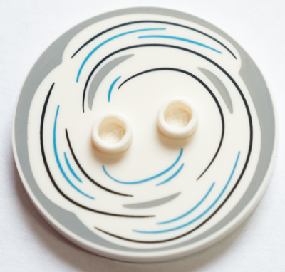 Tile, Round 4 x 4 with 2 Hollow Studs with Black, Light Bluish Gray and Dark Azure Swirl Pattern, 32627pb02 White U