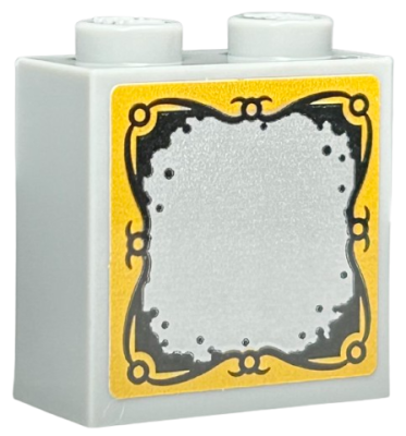 Brick, Modified 1 x 2 x 1 2/3 with Studs on Side with Silver Mirror with Black and Bright Light Orange Ornate Framed Border Pattern (Sticker) - Set 76410, 22885pb010 Light Bluish Gray U