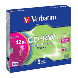 Диски CD-RW Verbatim 5шт slim color 43167