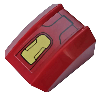 Slope, Curved 2 x 2 Lip with Gold Armor Plate Pattern (Sticker) - Set 76104, 30602pb107 Dark Red U